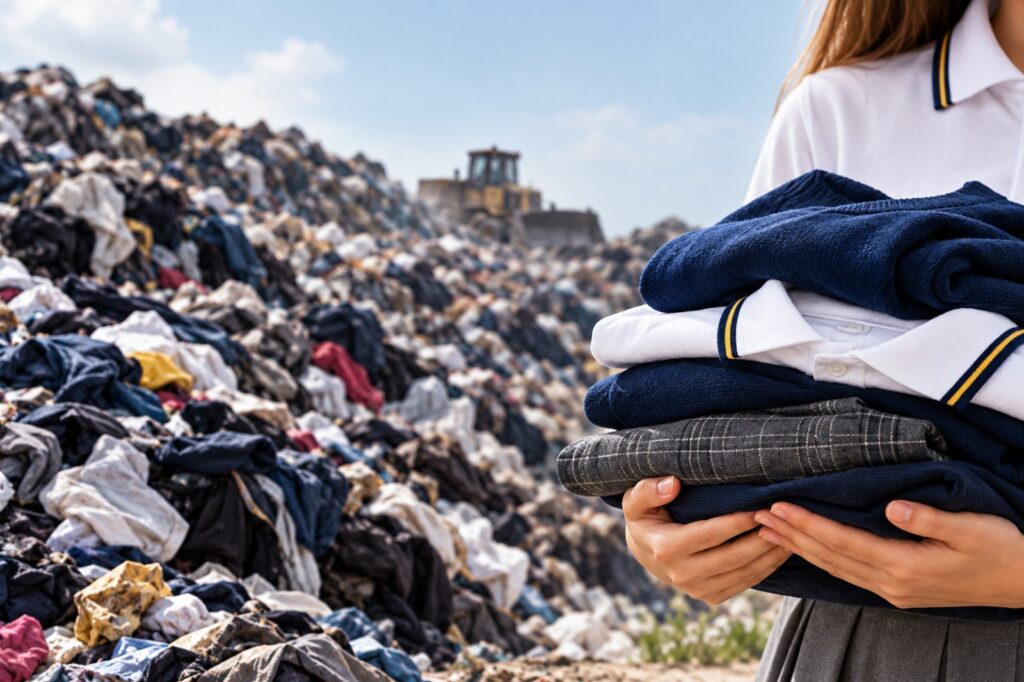 Montaña de ropa desechada junto a una estudiante con sus uniformes